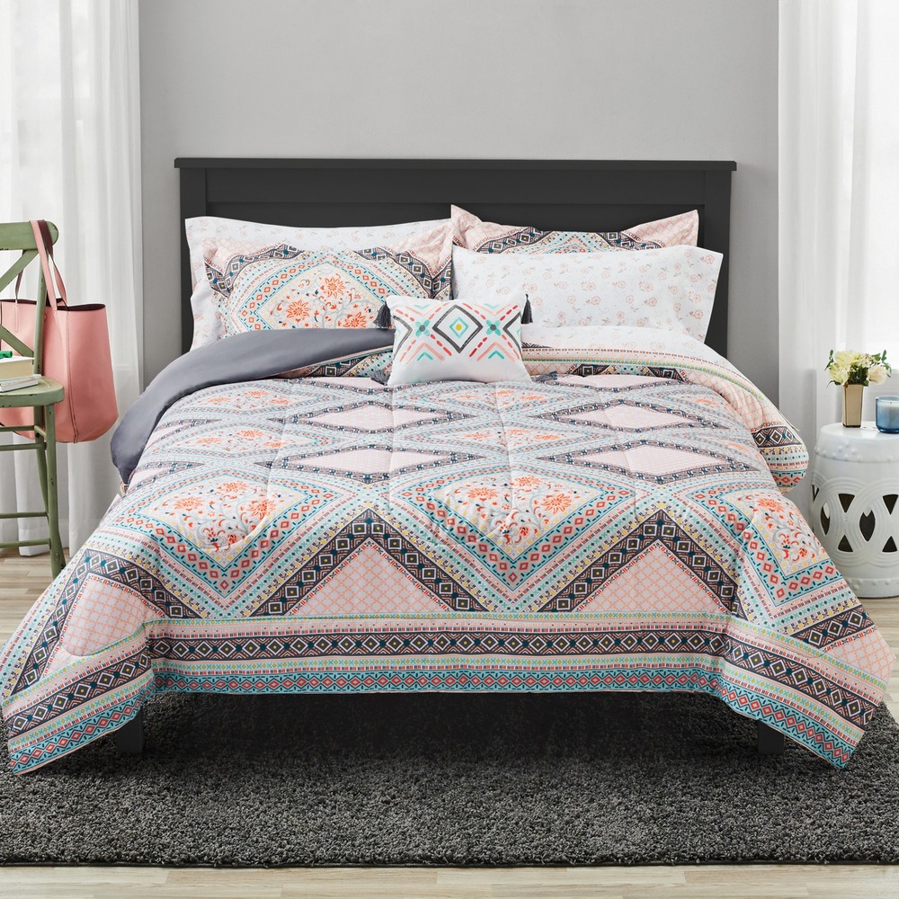 Mainstays Bed in a Bag Comforter Set Full Pink Diamond 8 Piece Sheets Pillow